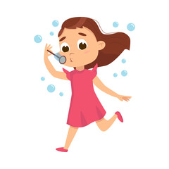 Poster - Lovely Girl Blowing Soap Bubbles Through Wand, Kids Leisure, Outdoor Hobby Game Cartoon Style Vector Illustration