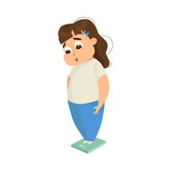 Poster - Overweight Chubby Girl Measuring Weight on Scales, Cheerful Fat Unhealthy Kid Character Cartoon Style Vector Illustration