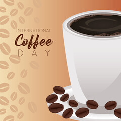 Poster - international coffee day celebration with cup and beans pattern