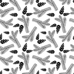  Hand drawn seamless pattern  doodle of fir tree branch with cones isolated on white background. Conifer sketch. Vector illustration. Design for wrapping, wallpaper, textile