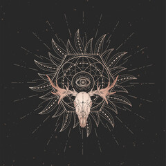 Wall Mural - Vector illustration with hand drawn Moose skull and Sacred geometric symbol on black vintage background. Abstract mystic sign.