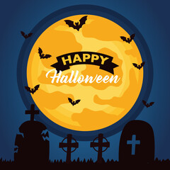 Poster - happy halloween celebration lettering with moon and bats flying in cemetery