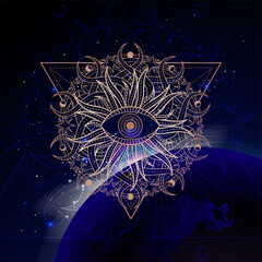 Wall Mural - Vector illustration of Sacred geometric symbol against the space background with sunrise.