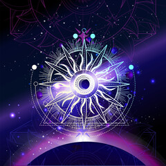 Sticker - Vector illustration of Sacred geometric symbol against the space background with sunrise and stars.