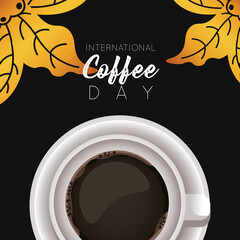 Canvas Print - international coffee day celebration with cup and leafs air view