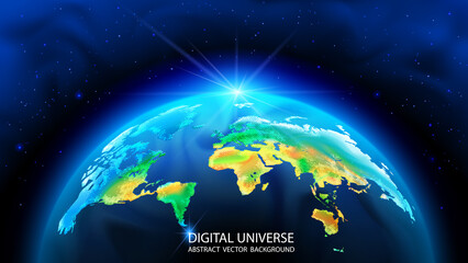 Poster - Vector. Realistic 3D image of the planet Earth. World map. Global social network. Internet and technology. Ecological problems. Cosmic nebulae and stars, infinity. Future. Dark blue background.
