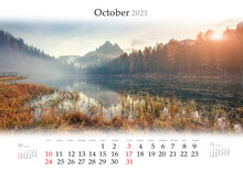 Calendar October 2021, B3 Size. Set Of Calendars With Amazing Landscapes. Misty Outdoor Scene Of Antorno Lake. Sunrise In Dolomite Alps, National Park Tre Cime Di Lavaredo, Italy, Europe.