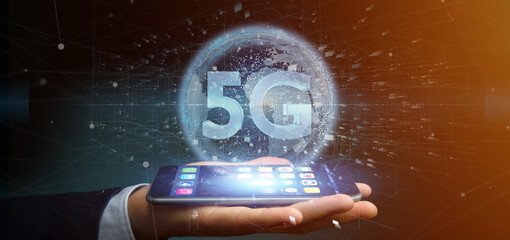 Poster - businessman holding a 5g connection with data surrounding - 3d rendering
