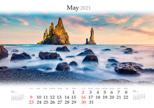 Calendar May 2021, B3 Size. Set Of Calendars With Amazing Landscapes. Breathtaking Spring Sunrise On Reynisdrangar Cliffs In Atlantic Ocean. Gorgeous Scene Of Black Sand Beach In Iceland.