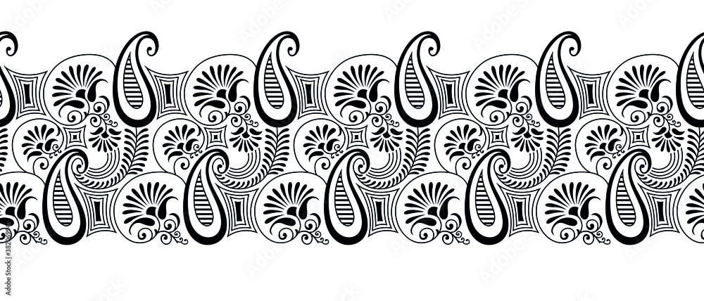 Seamless black and white paisley border Stock Vector | Adobe Stock