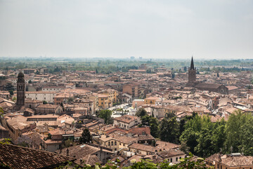 Wall Mural - Beautiful views of Verona, the Adige river, bridges and cathedrals from the observation deck at St. Peter's castle. Verona, Veneto, Italy