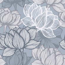 Flower Line Art. Vector Floral Background. Blue And Grey Art Deco Flower Seamless Pattern.