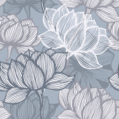 Flower line art. Vector floral background. Blue and grey art deco flower seamless pattern.