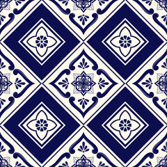 Wall Mural - Italian tile pattern vector seamless with ceramic floral motifs. Portuguese azulejos, mexican talavera, spanish, sicily majolica or moroccan ornament. Blue and white texture for wallpaper or floor.
