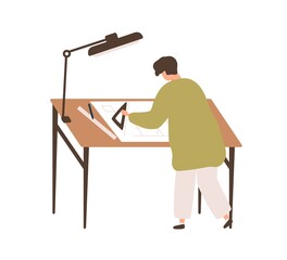 Aufkleber - Male professional architect drawing construction plan at workplace vector flat illustration. Man depicting building project on paper scheme isolated. Engineer or designer making draft use equipment