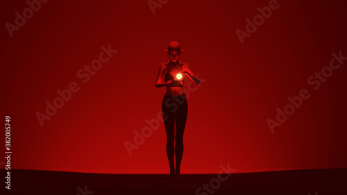 Cuadros en Lienzo Red Demon Elf Imp Minion Helper with a Fiery Orb at the Gates of Hell in Black L