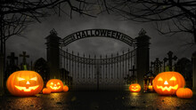 Cemetery front entrance gate with scary halloween pumpkins around at dark night. Halloween holiday theme 3d background illustration.