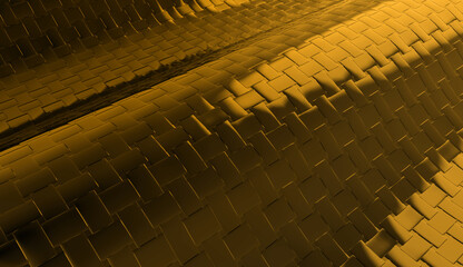 Poster - 3d rendering. modern dark yellow gold metal square tiles cruve background.