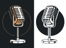 Silhouette Podcasting Microphone Recording Isolated Vector Logo Icon Illustration On Black And White Style