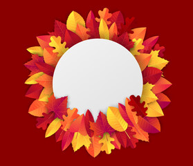 Wall Mural - Autumn banner with red and orange leaves wreath. Free empty space for text. Advertisement promo. Vector illustration.