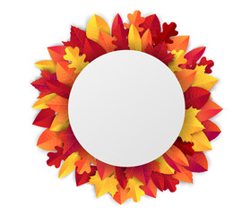 Wall Mural - Fall leaves wreath with a circle banner for text. Autumn sale promo. Vector illustration.