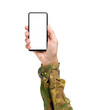 © cunaplus - Man hand presenting a smart phone screen application isolated on a white background