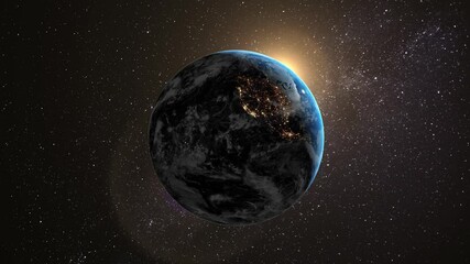 Wall Mural - view from space of north america, over which the sun rises. computer animation. dawn over the planet