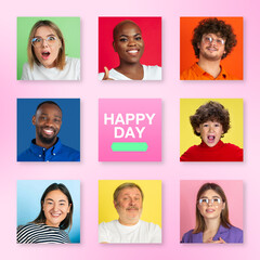 Wall Mural - Bright portrait of people on multicolored background. Collage made of 7 models. Concept of human emotions, facial expression, advertising. Happy, smiling, cheerful, successful. Diversity. Happy day