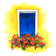 Watercolor sketch of window with blue shutters and red flowers on yellow wall of houses on island Burano, Venice, Italy. watercolor