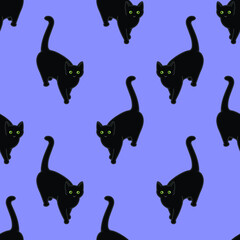 Wall Mural - Seamless pattern with cute black cats. Texture for wallpapers, stationery, fabric, wrap, web page backgrounds, vector illustration