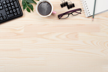 Poster - notebook and glasses on wooden table