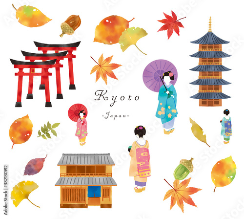 秋の舞妓さんと京都の町家とお寺のセットイラスト Stock Illustration Adobe Stock 秋の舞妓さんと京都の町家とお寺のセットイラスト Stock Illustration Adobe Stock