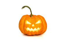 Jack O Lantern Glowing Halloween Pumpkin Head Isolated On White Background.