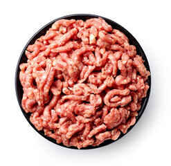 Wall Mural - Bowl of minced meat isolated on white, from above