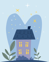 Fabulous Purple House On A Blue Background.Romantic Fairy Tale Landscape. Illustration For Children's Book. Cute Poster .
Scandinavian Style .Minimalisn . Nature .
