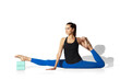 © master1305 - Split. Beautiful young female athlete stretching, training on white studio background, portrait with shadows. Sportive fit model in motion and action. Flexibility, healthy lifestyle, style concept.