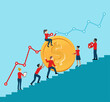 © Blacksmith Graphics - Business strategy financial planning concept - people team up big coin (with dollar sign) the stairs and graph with points - vector illustration