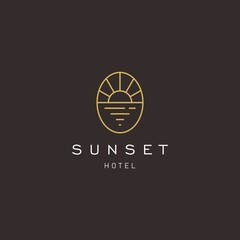 Wall Mural - elegant hipster gold sun sunset sunrise with beach ocean sea water logo icon vector in trendy line linear,  outline logo vector for hotel 