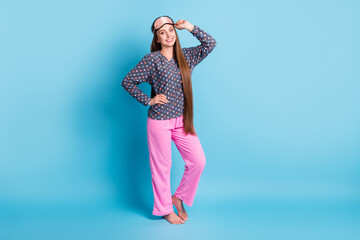 Canvas Print - Full body size photo of pretty charming student girl long hairstyle barefoot smiling wake up after nap wear mask dotted shirt pink pants pajamas sleepwear isolated blue color background