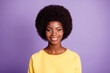© deagreez - Photo of lovely young lady toothy smile look camera wear yellow sweater isolated purple color background