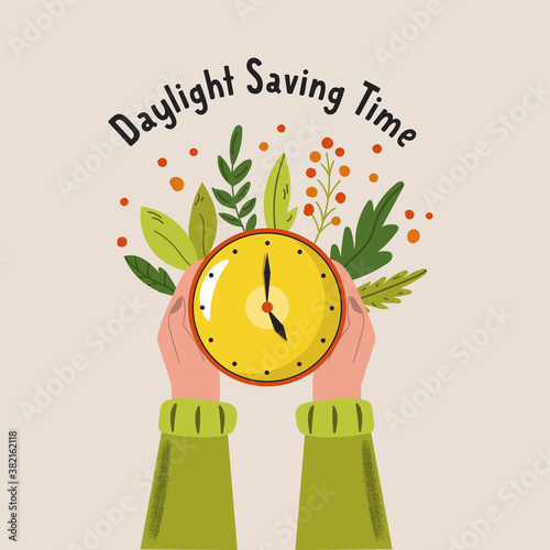 Fotomural Daylight Saving Time. Abstract design with hands holding clock