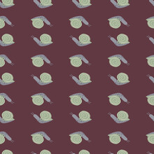 Little Green Snail Silhouettes Seamless Pattern. Doodle Pastel Tones Animals With Spirals On Maroon Background.