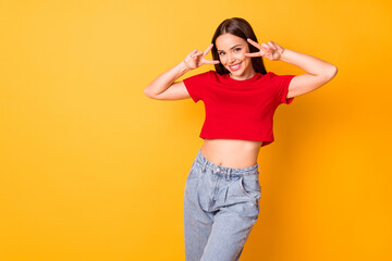 Sticker - Photo of funny lady showing v-sign symbols near eyes wear casual red top denim isolated yellow color background