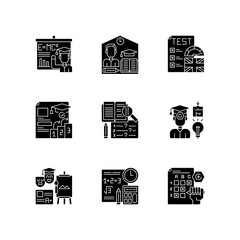 Sticker - Examination types black glyph icons set on white space. Achievement test. Students progress. Creative, short answer and proficiency testing. Silhouette symbols. Vector isolated illustration