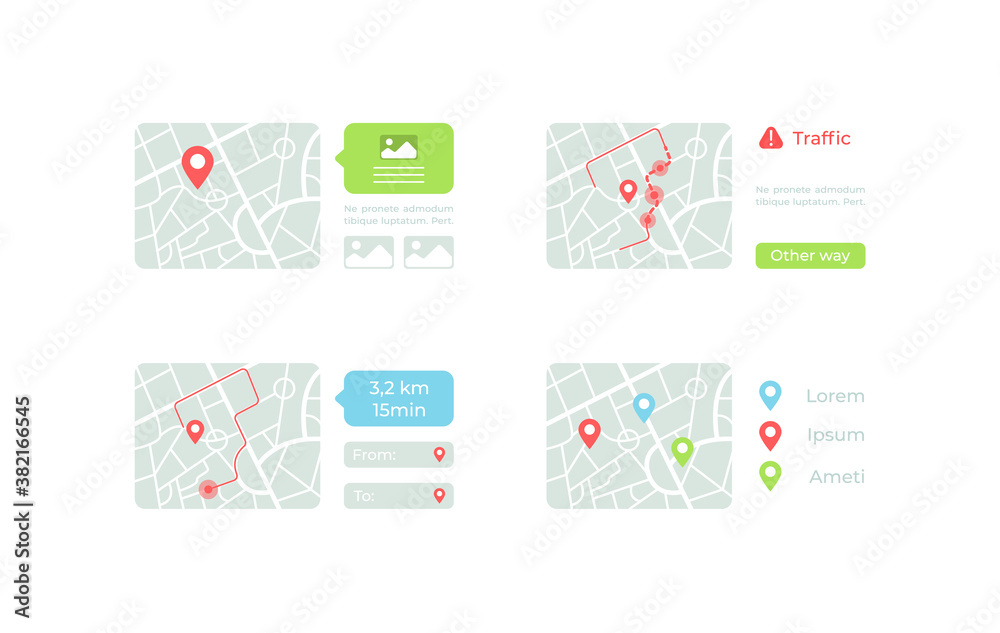 Route Map Gadget Maps with routes UI elements kit. Traffic information. GPS isolated ...