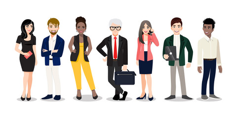 Office workers or business multinational team standing and smiling together. Vector illustration of diverse cartoon men and women of various races, ages and body type in office outfits.