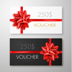 Wall Mural - gift voucher with red ribbon and bow. discount gift cards template. vector illustration