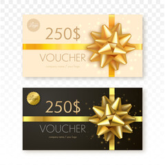 Wall Mural - gift voucher template isolated. vector gift card with gold ribbon and bow.