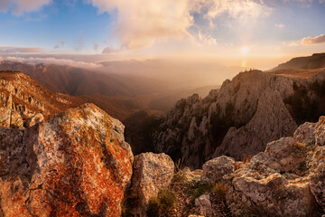 Wall Mural - autumn landscape with mountains and sunrise