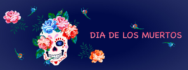 day of the dead, halloween, dia de los muertos horizontal banner floral colorful skull, pattern desi